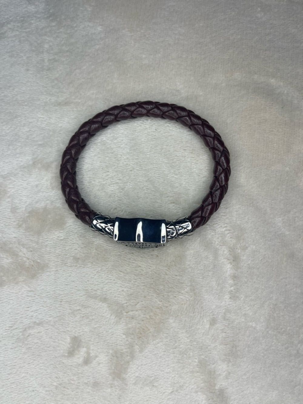 Braided Leather Magnetic Clasp Biker Bracelet Brown Silver Tone Motor Cycle - Picture 3 of 5